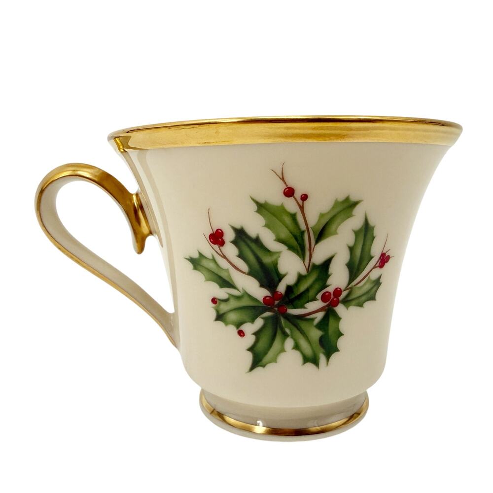 Lenox Holiday Footed 3" Cup Christmas holly berry 24k gold trim cream porcelain